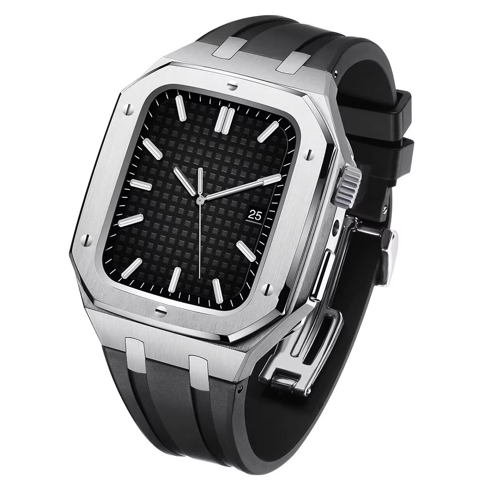 Stainless Steel Case & Silicone Band for Apple Watch – Silver Black